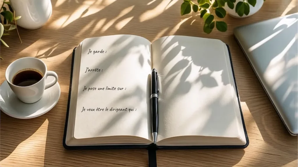 Carnet ouvert avec quatre amorces de phrase pour la rentrée du dirigeant : je garde, j’arrête, je pose une limite sur, je veux être le dirigeant qui
