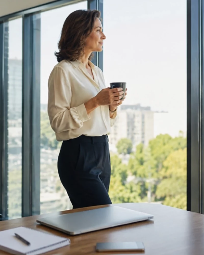 Dirigeante debout à son bureau, regard tourné vers l’extérieur, avant la rentrée managériale